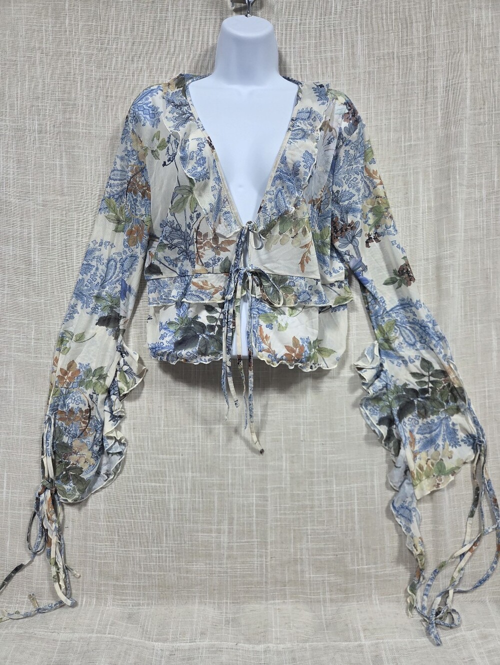 Rita Ora x Primark Y2K Style Mesh Tie-Front Floral Long Sleeve Top Size L (New)